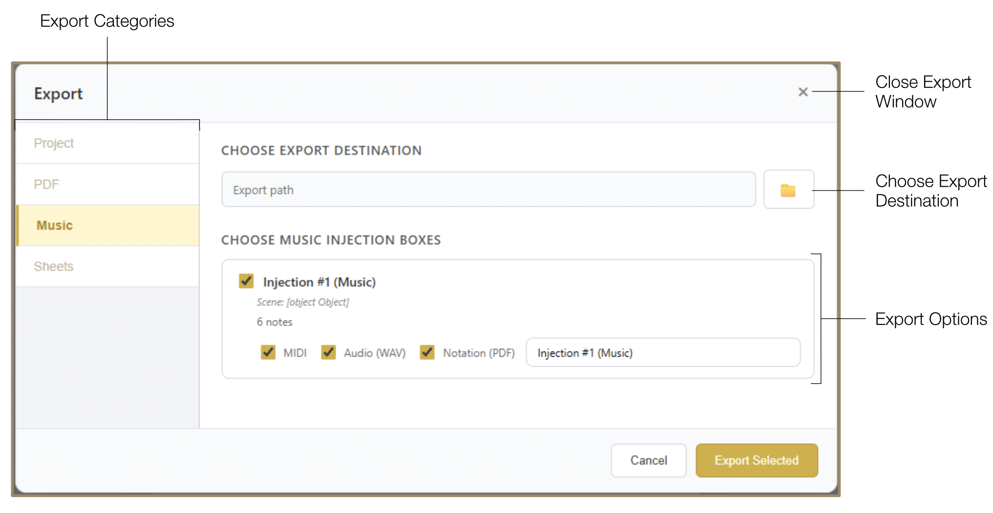 Music Export panel with MIDI, WAV, and Notation PDF options